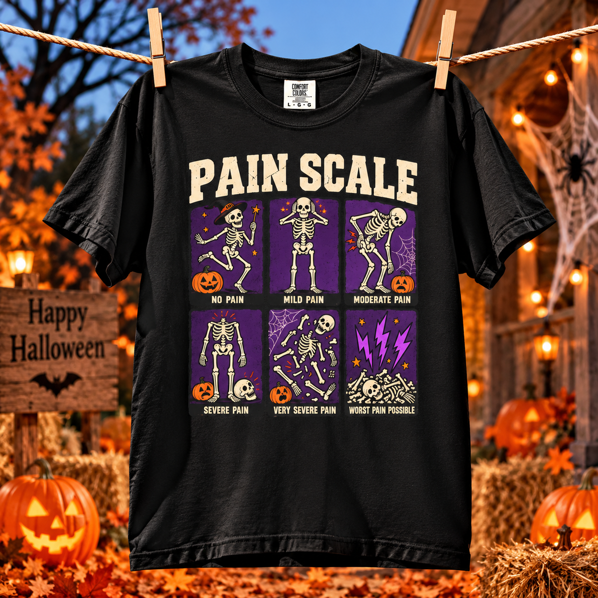 Comfort Colors® Pain Scale Skeleton T-Shirt, Funny Halloween Skeleton Gift, Spooky Medical Humor Gift, Nurse Doctor Halloween Graphic Tee