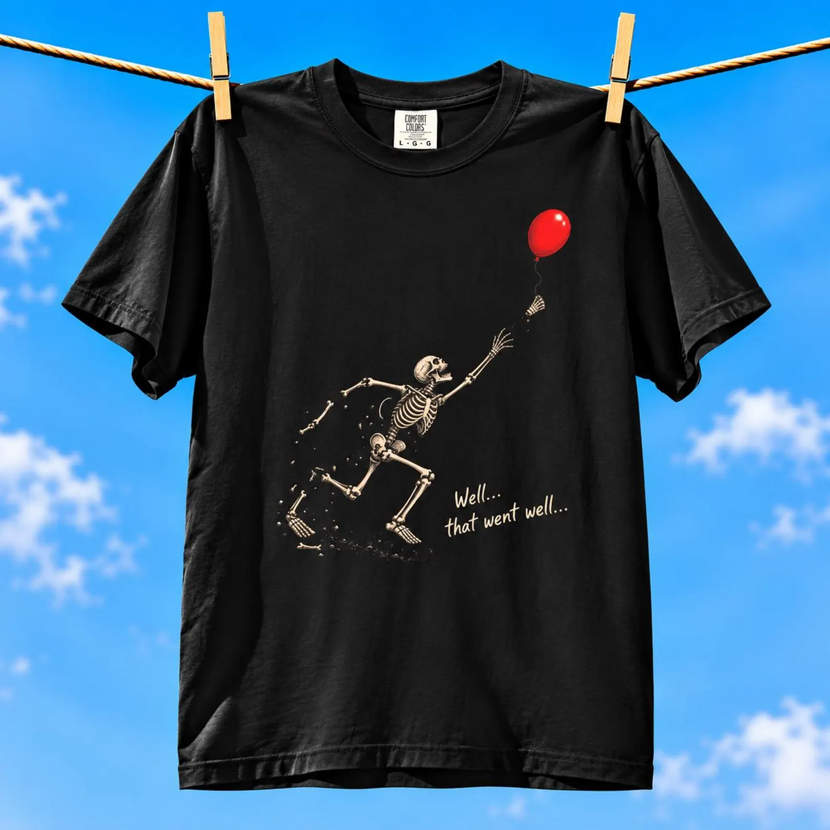 Comfort Colors® Well That Went Well T-Shirt, Funny Skeleton Halloween Gift, Red Balloon Dark Humor Gift, Vintage Spooky Skeleton Graphic Tee