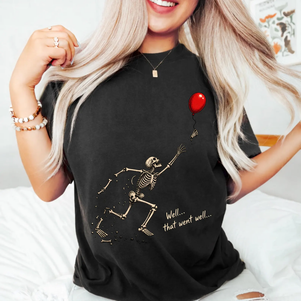 Comfort Colors® Well That Went Well T-Shirt, Funny Skeleton Halloween Gift, Red Balloon Dark Humor Gift, Vintage Spooky Skeleton Graphic Tee