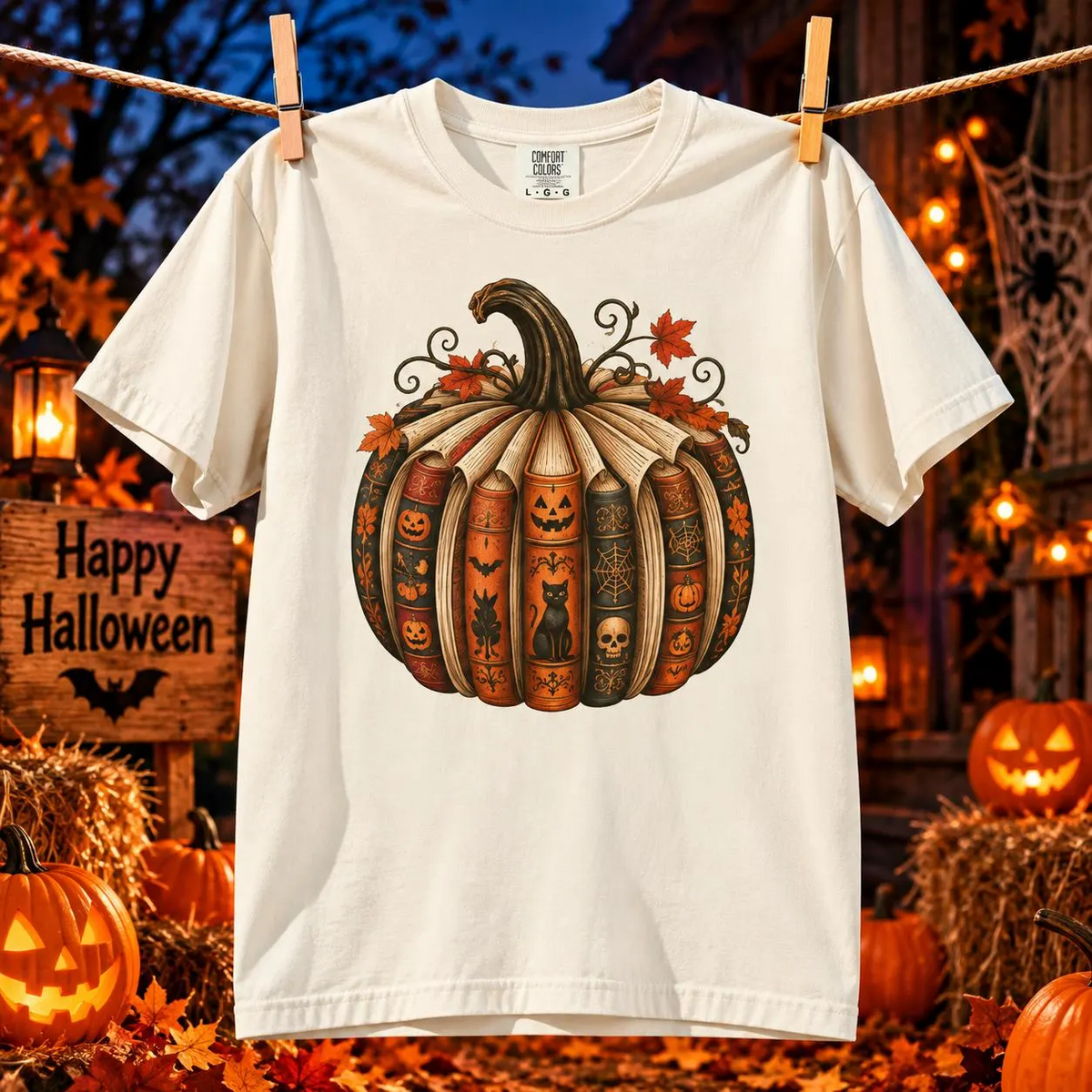 Comfort Colors® Book Pumpkin T-Shirt, Fall Reading Lover Gift, Vintage Autumn Bookish Gift, Cozy Librarian Teacher Pumpkin Graphic Tee