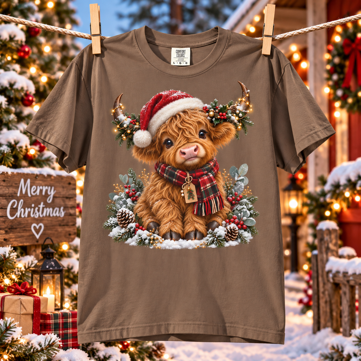 Comfort Colors® Cute Highland Cow Christmas T-Shirt, Festive Cow Lover Gift, Winter Farm Lover Gift, Christmas Farm Animal Gift