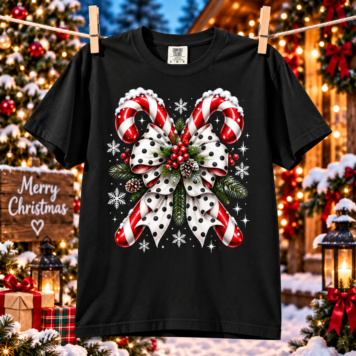 Comfort Colors® Candy Cane Bow T-Shirt, Coquette Christmas Lover Gift, Candy Cane Coquette Shirt, Cute Festive Candy Cane Gift for Her