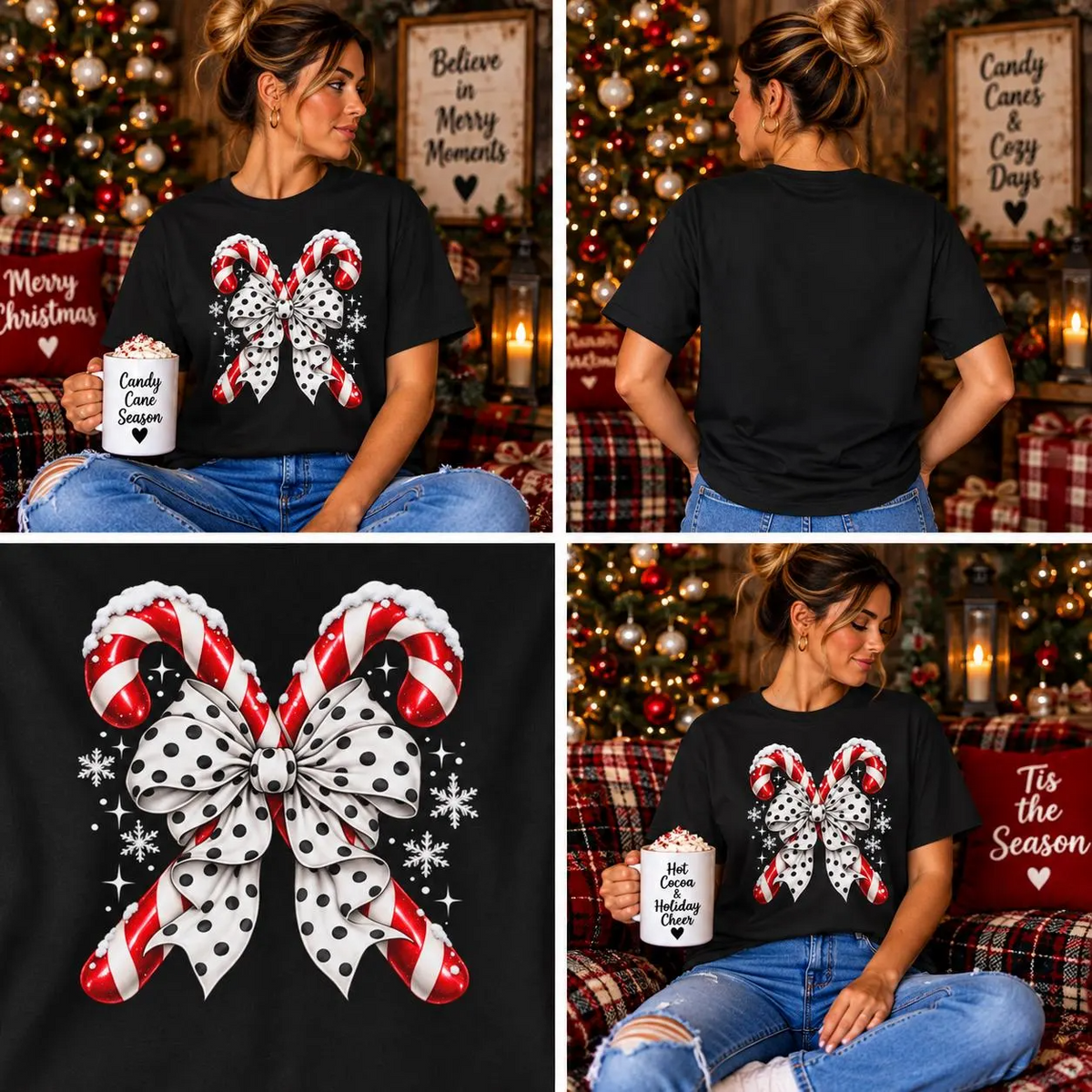 Comfort Colors® Candy Cane Bow T-Shirt, Coquette Christmas Lover Gift, Candy Cane Coquette Shirt, Cute Festive Candy Cane Gift for Her