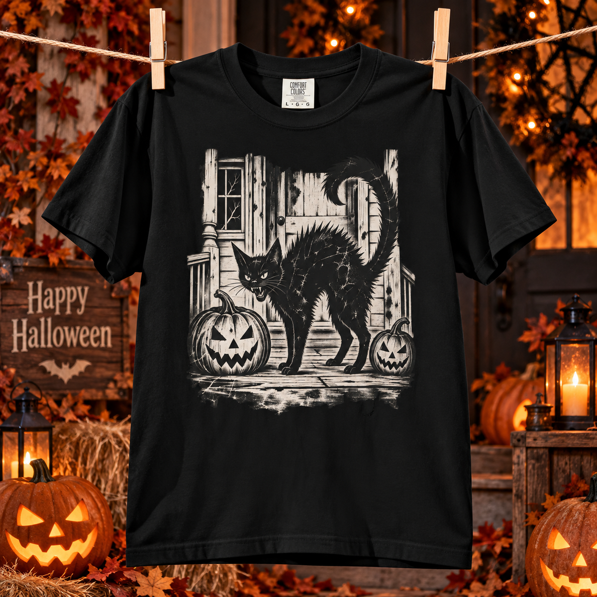 Comfort Colors® Vintage Black Cat Halloween T-Shirt, Spooky Cat Lover Gift, Retro Jack O Lantern Graphic Tee, Gothic Halloween Kitty Gift