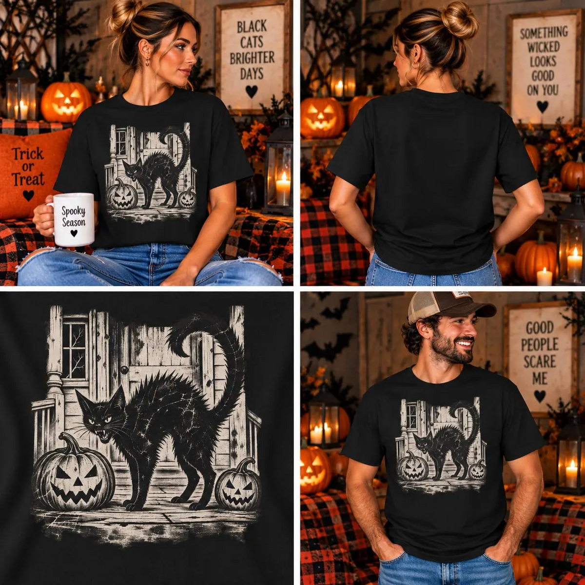 Comfort Colors® Vintage Black Cat Halloween T-Shirt, Spooky Cat Lover Gift, Retro Jack O Lantern Graphic Tee, Gothic Halloween Kitty Gift