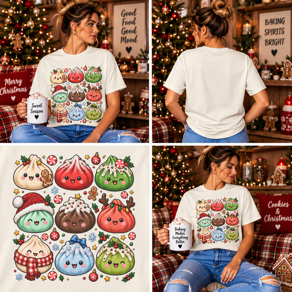 T-shirt de Noël mignon « Comfort Colors® » avec raviolis, cadeau kawaii pour amateur de cuisine pour les fêtes, pour les fans de raviolis, cadeau gourmand de Noël mignon