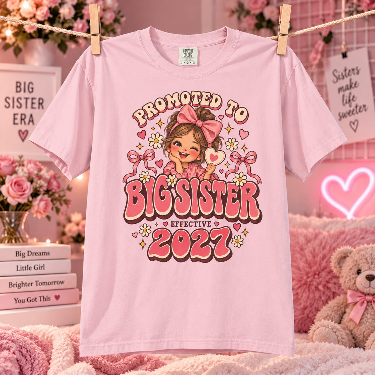 T-shirt Comfort Colors® « Promue grande sœur » effectif en 2027, cadeau d'annonce de nouvelle fratrie, t-shirt graphique pour annonce de grossesse grande sœur