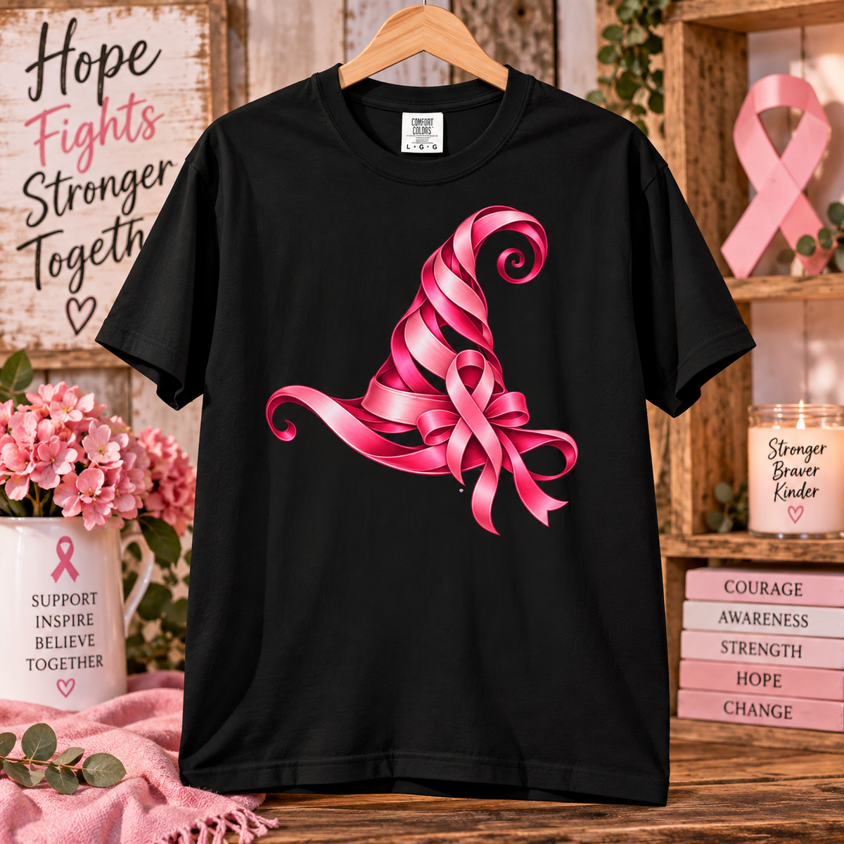 Comfort Colors® Pink Ribbon Witch Hat T-Shirt, Breast Cancer Awareness Gift, Halloween Survivor Support Tee, Pink October Witchy Shirt