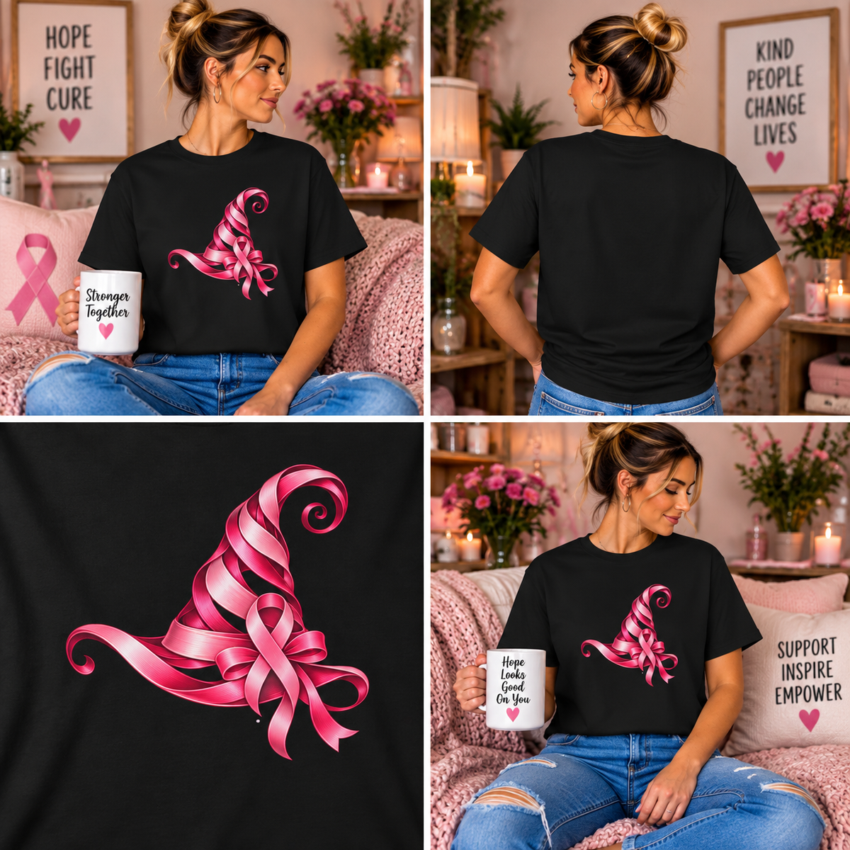 Comfort Colors® Pink Ribbon Witch Hat T-Shirt, Breast Cancer Awareness Gift, Halloween Survivor Support Tee, Pink October Witchy Shirt