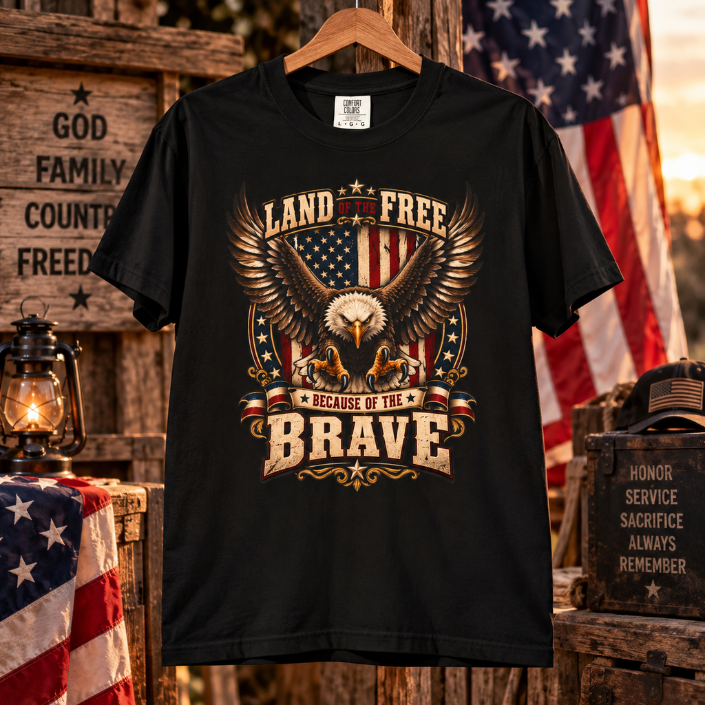 Comfort Colors® 勇者のおかげで自由の国 Tシャツ、愛国 ハクトウワシ ギフト、アメリカ国旗 退役軍人、軍支援シャツ