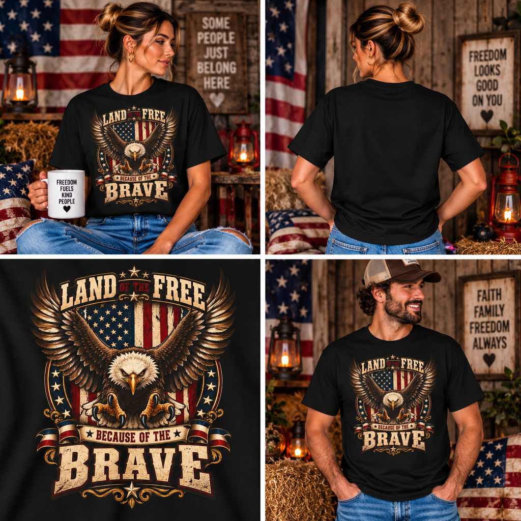 Comfort Colors® 勇者のおかげで自由の国 Tシャツ、愛国 ハクトウワシ ギフト、アメリカ国旗 退役軍人、軍支援シャツ