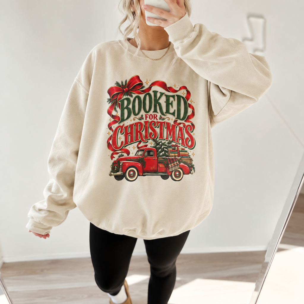 Booked for Christmas Sweatshirt, Book Lover Holiday Gift, Vintage Christmas Truck Graphic Sweatshirt, Cozy Reader Christmas Gift for Her