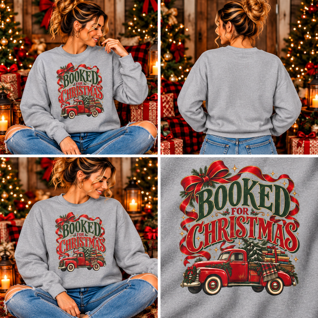 Booked for Christmas Sweatshirt, Book Lover Holiday Gift, Vintage Christmas Truck Graphic Sweatshirt, Cozy Reader Christmas Gift for Her