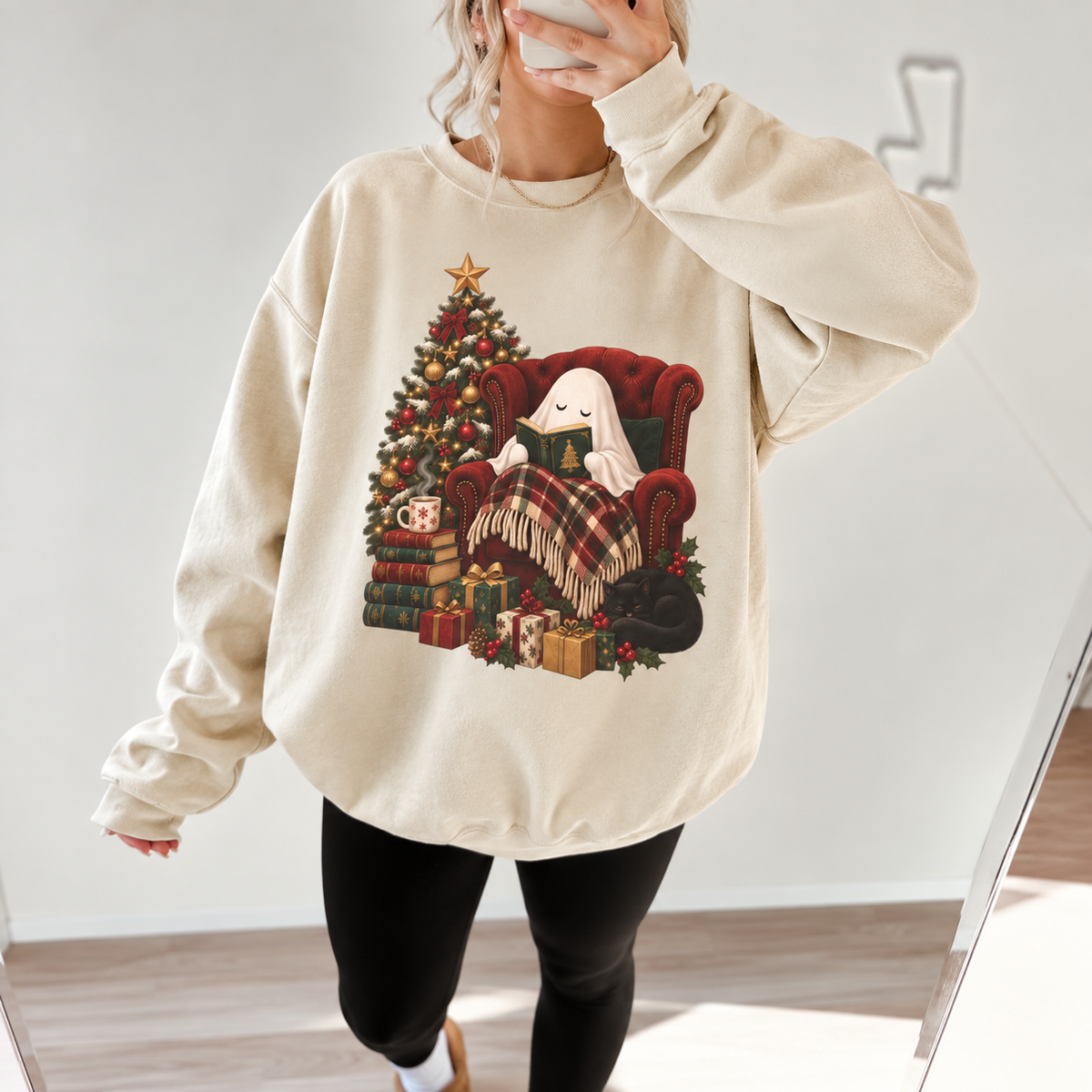 Cozy Christmas Ghost Sweatshirt, Book Lover Holiday Gift, Spooky Christmas Reading Graphic Sweatshirt, Cute Ghostmas Bookish Gift