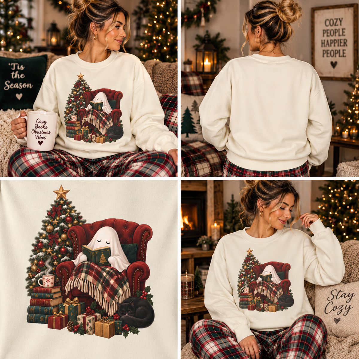 Cozy Christmas Ghost Sweatshirt, Book Lover Holiday Gift, Spooky Christmas Reading Graphic Sweatshirt, Cute Ghostmas Bookish Gift