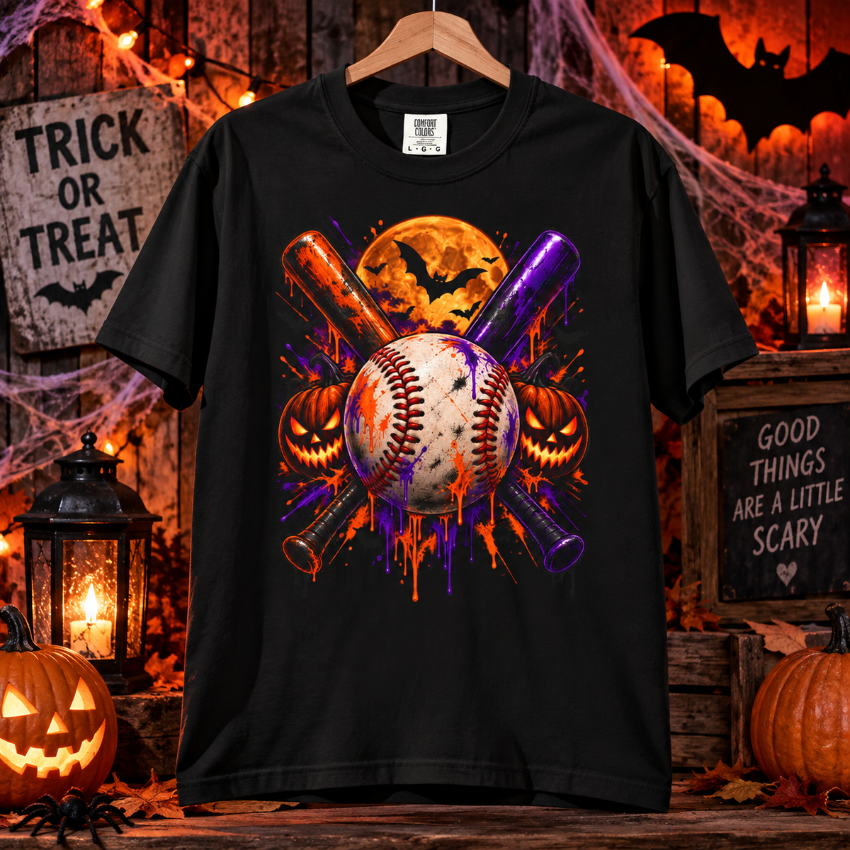 Comfort Colors® Halloween Baseball T-Shirt, Spooky Baseball Player Gift, Pumpkin Baseball Lover Graphic Tee, Halloween Sports Fan Shirt