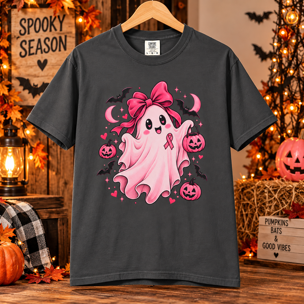 Comfort Colors® Pink Ribbon Ghost T-Shirt, Breast Cancer Awareness Halloween Gift, Cute Spooky Survivor Support Shirt, Pink October Shirt