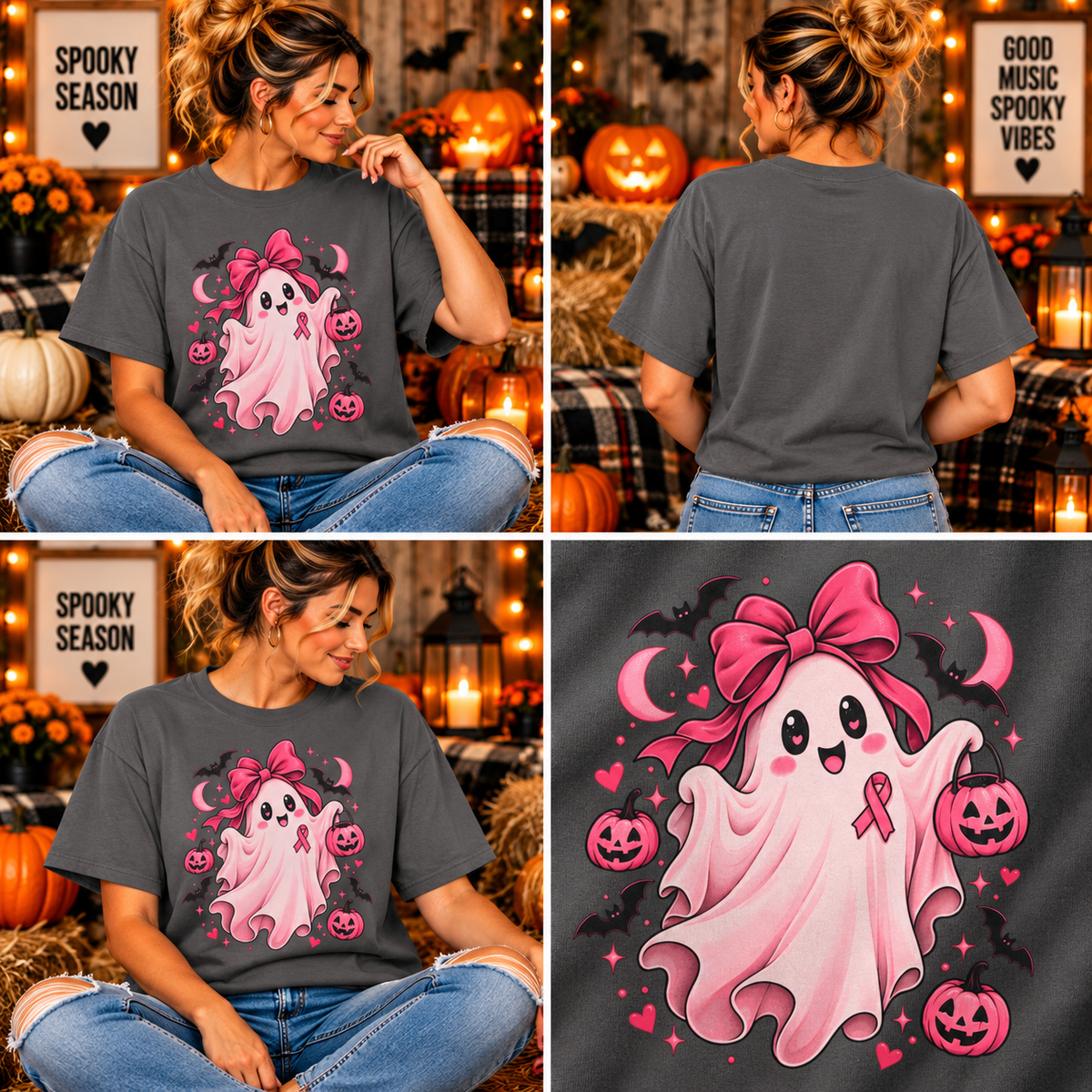 Comfort Colors® Pink Ribbon Ghost T-Shirt, Breast Cancer Awareness Halloween Gift, Cute Spooky Survivor Support Shirt, Pink October Shirt