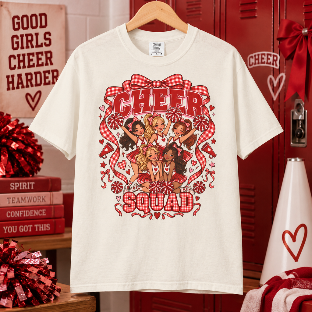 Comfort Colors® Cheer Squad T-Shirt, Red Gingham Bow Cheerleader Gift, Cute Cheer Team Spirit Graphic Tee, Cheerleading Girls Coach Gift
