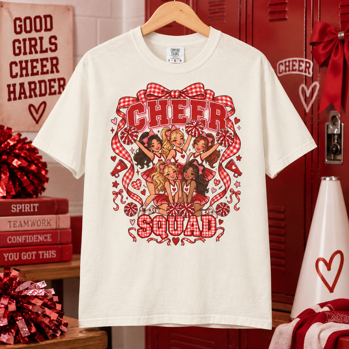 Comfort Colors® Cheer Squad T-Shirt, Red Gingham Bow Cheerleader Gift, Cute Cheer Team Spirit Graphic Tee, Cheerleading Girls Coach Gift