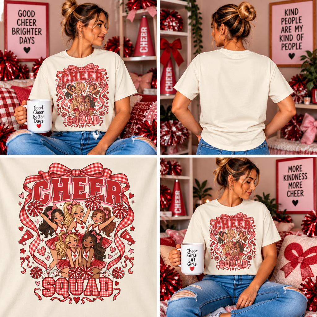 Comfort Colors® Cheer Squad T-Shirt, Red Gingham Bow Cheerleader Gift, Cute Cheer Team Spirit Graphic Tee, Cheerleading Girls Coach Gift