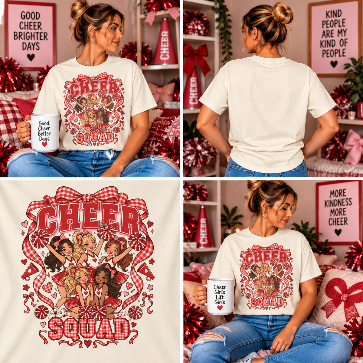 Comfort Colors® Cheer Squad T-Shirt, Red Gingham Bow Cheerleader Gift, Cute Cheer Team Spirit Graphic Tee, Cheerleading Girls Coach Gift