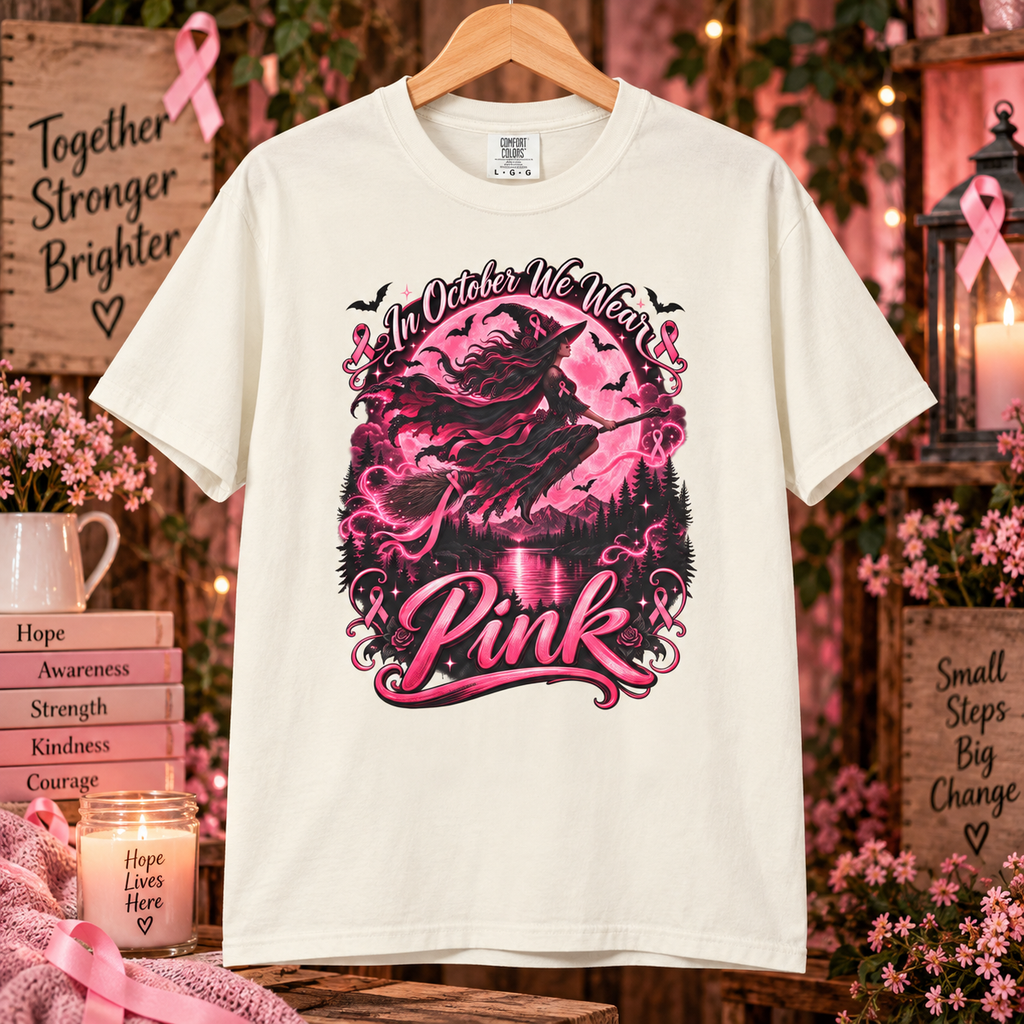 Comfort Colors® In October We Wear Pink T-Shirt, Breast Cancer Awareness Witch Gift, Pink Ribbon Halloween, Spooky Survivor Support Shirt
