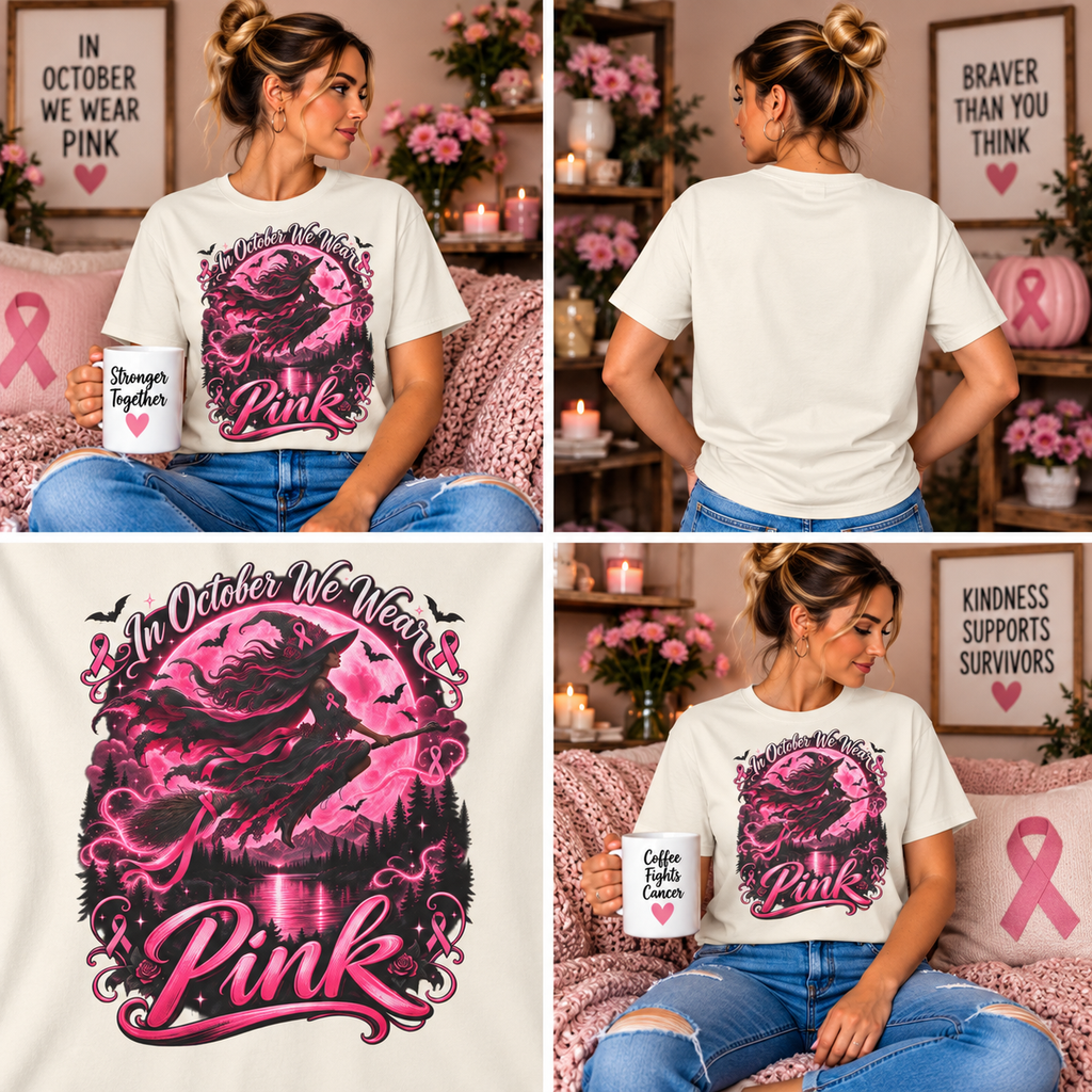 Comfort Colors® In October We Wear Pink T-Shirt, Breast Cancer Awareness Witch Gift, Pink Ribbon Halloween, Spooky Survivor Support Shirt