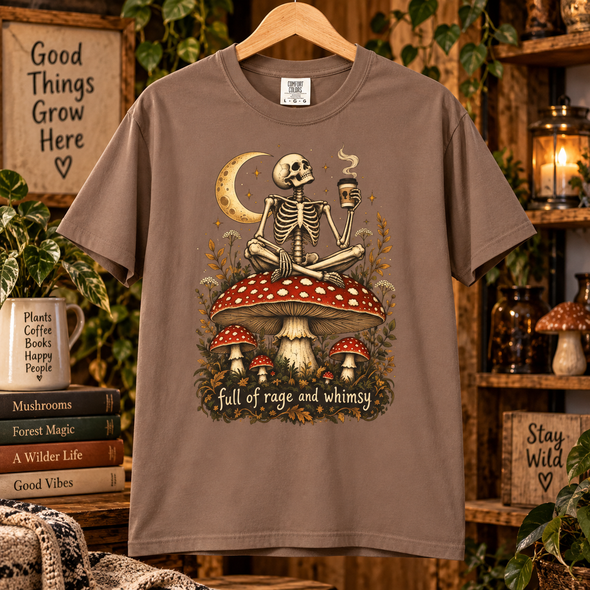 Comfort Colors® Full of Rage and Whimsy T-Shirt, Funny Skeleton Coffee Lover Gift, Cottagecore Mushroom Gothic Shirt, Dark Academia Shirt