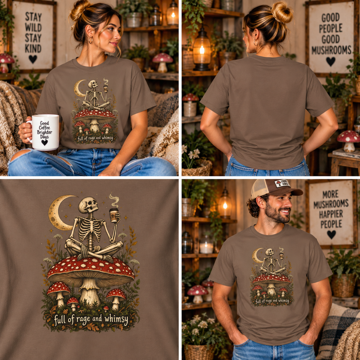 Comfort Colors® Full of Rage and Whimsy T-Shirt, Funny Skeleton Coffee Lover Gift, Cottagecore Mushroom Gothic Shirt, Dark Academia Shirt