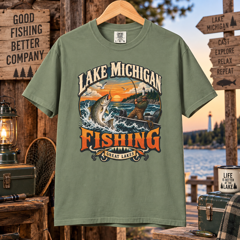 Comfort Colors® Lake Michigan Fishing T-Shirt, Great Lakes Angler Gift, Trout Fisherman Sunset Graphic Tee, Michigan Fishing Lover Shirt