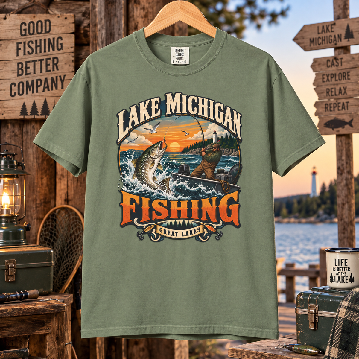 Comfort Colors® Lake Michigan Fishing T-Shirt, Great Lakes Angler Gift, Trout Fisherman Sunset Graphic Tee, Michigan Fishing Lover Shirt