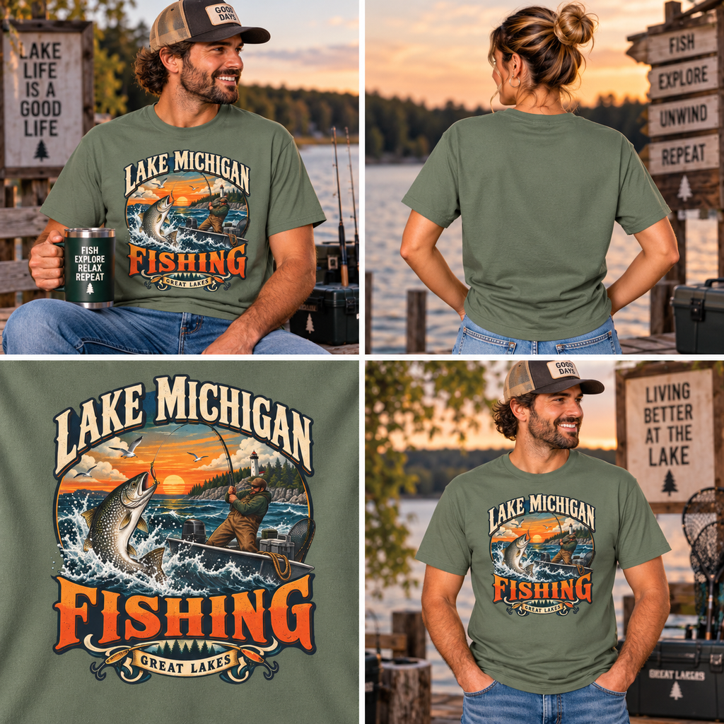 Comfort Colors® Lake Michigan Fishing T-Shirt, Great Lakes Angler Gift, Trout Fisherman Sunset Graphic Tee, Michigan Fishing Lover Shirt