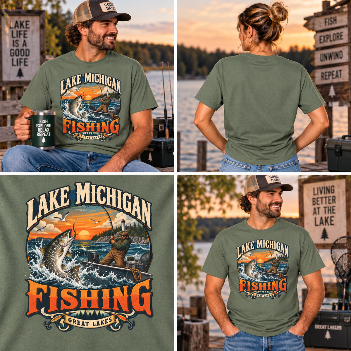 Comfort Colors® Lake Michigan Fishing T-Shirt, Great Lakes Angler Gift, Trout Fisherman Sunset Graphic Tee, Michigan Fishing Lover Shirt