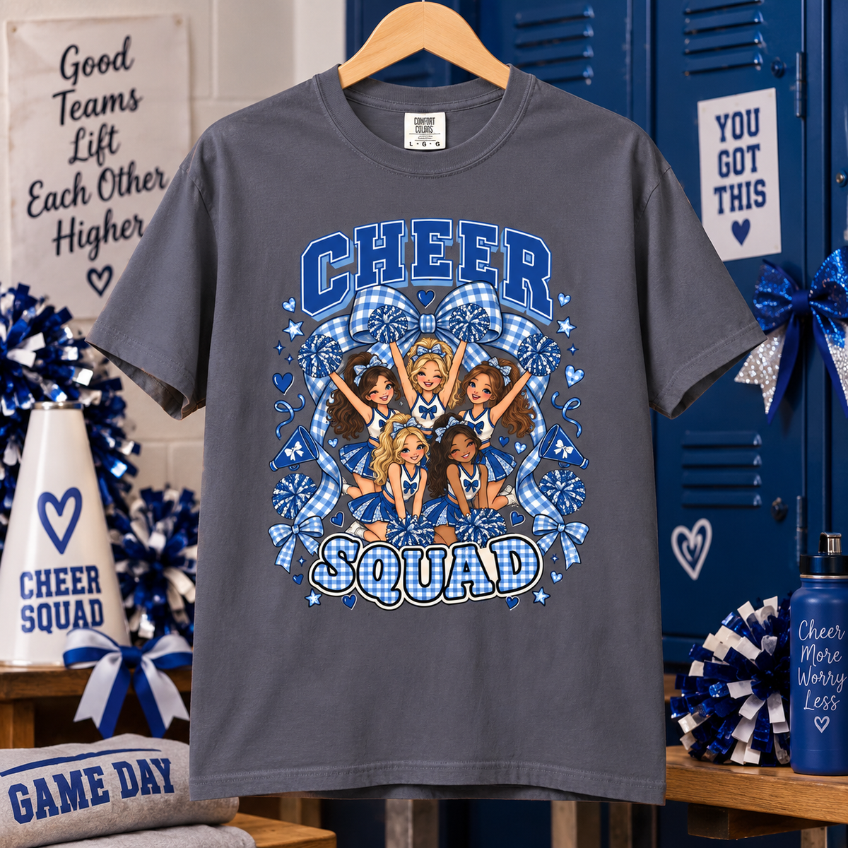 Comfort Colors® Cheer Squad T-Shirt, Blue Gingham Cheerleader Gift, Cheer Team Spirit Graphic Tee, Cute Cheerleading Girls Coach Gift