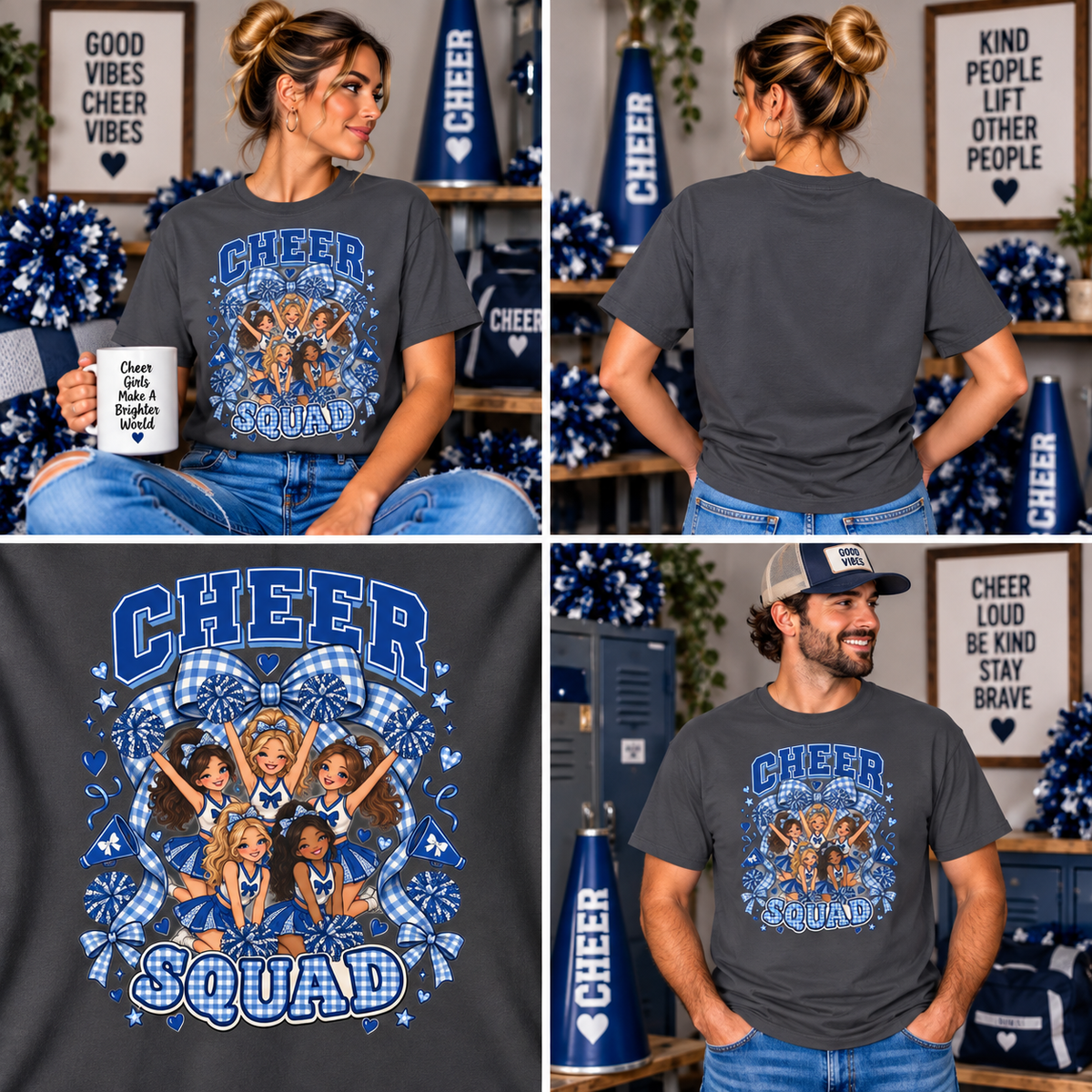 Comfort Colors® Cheer Squad T-Shirt, Blue Gingham Cheerleader Gift, Cheer Team Spirit Graphic Tee, Cute Cheerleading Girls Coach Gift