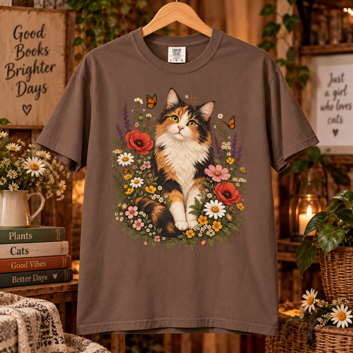 Comfort Colors® Calico Cat Wildflower T-Shirt, Floral Cat Lover Gift, Cottagecore Kitty Butterfly Graphic Tee, Vintage Garden Cat Mom Shirt