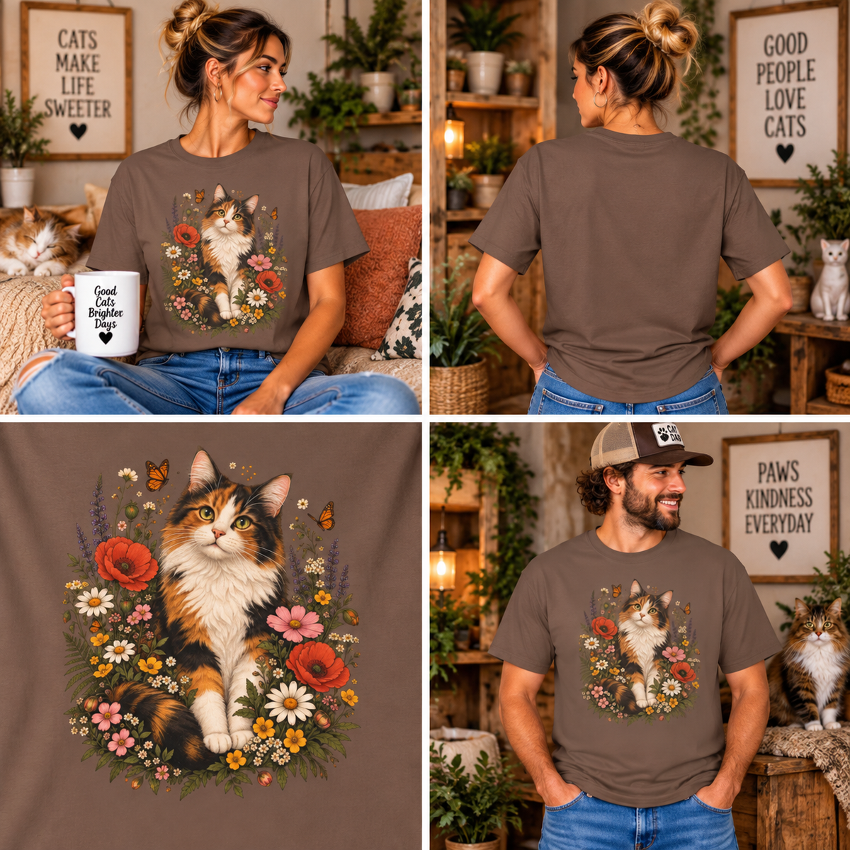 Comfort Colors® Calico Cat Wildflower T-Shirt, Floral Cat Lover Gift, Cottagecore Kitty Butterfly Graphic Tee, Vintage Garden Cat Mom Shirt
