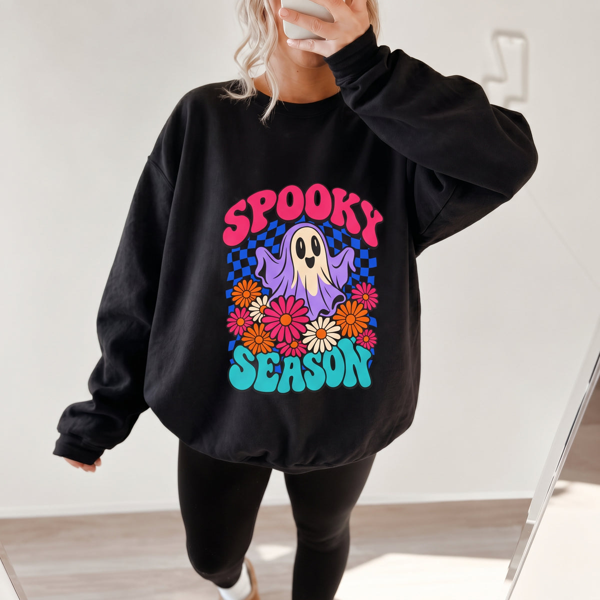 Spooky Season ghost floral Sweatshirt, Cute Ghost Halloween Gift, Colorful Floral Ghost Graphic Tee, Spooky Season Lover Gift