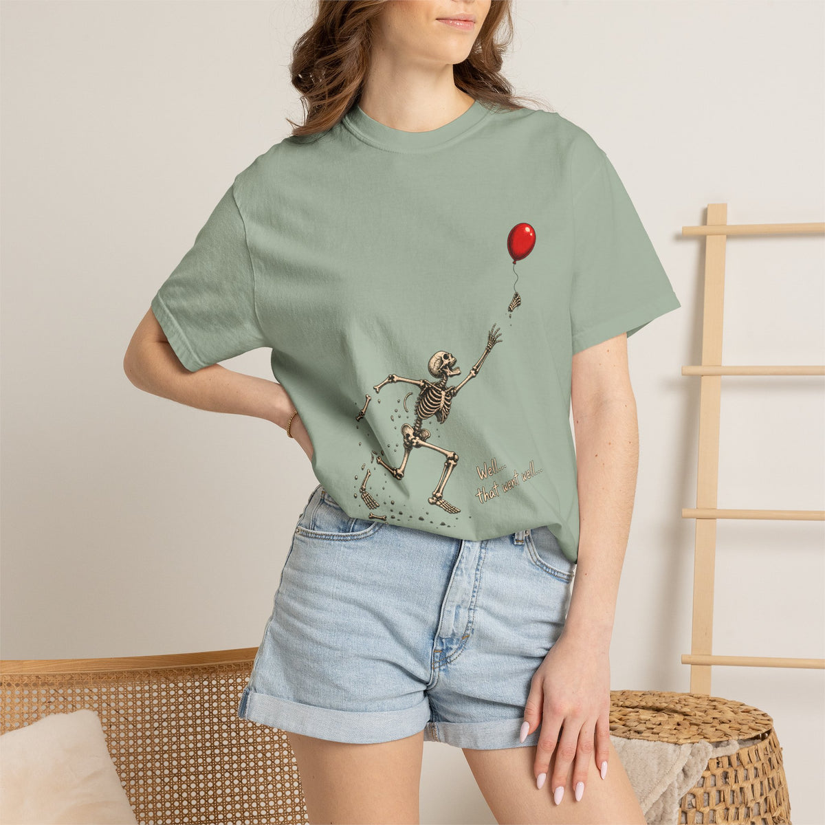 Comfort Colors® Well That Went Well T-Shirt, Funny Skeleton Halloween Gift, Red Balloon Dark Humor Gift, Vintage Spooky Skeleton Graphic Tee