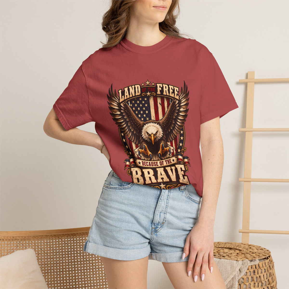 Comfort Colors® Land of the Free Because of the Brave T-Shirt, Patriotic Bald Eagle Gift, American Flag Veteran, Military Support Shirt