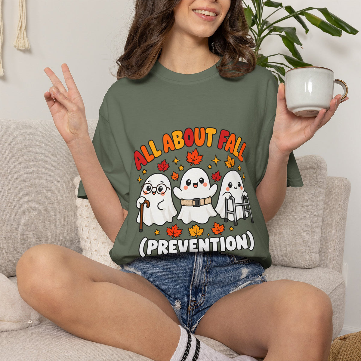 Comfort Colors® All About Fall Prevention T-Shirt, Funny Physical Therapist Gift, Occupational Therapy Humor Gift, Cute Autumn Ghost