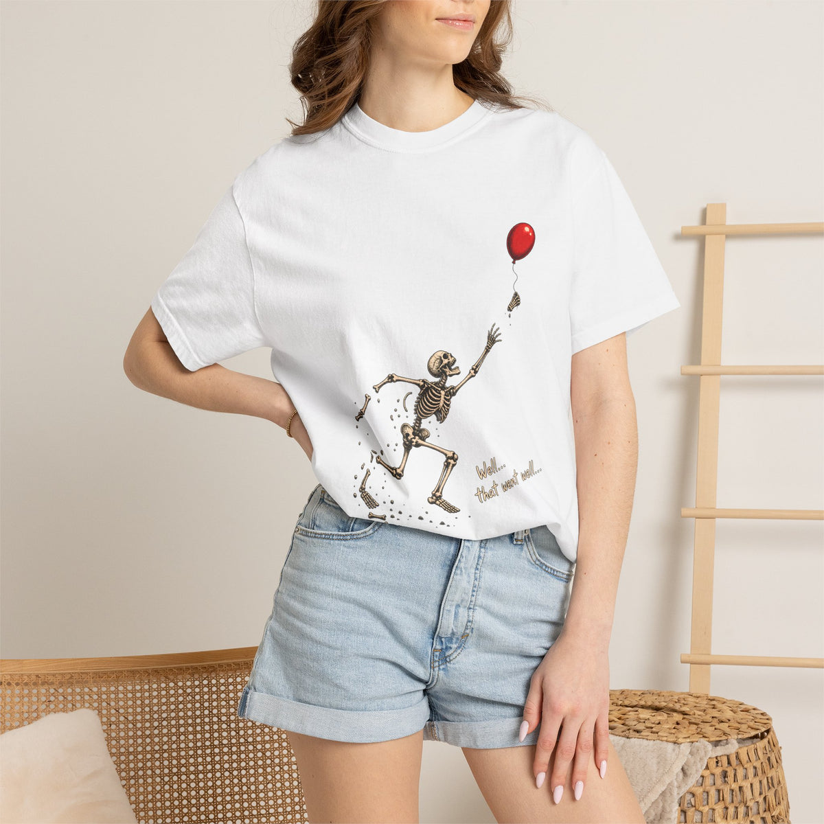 Comfort Colors® Well That Went Well T-Shirt, Funny Skeleton Halloween Gift, Red Balloon Dark Humor Gift, Vintage Spooky Skeleton Graphic Tee
