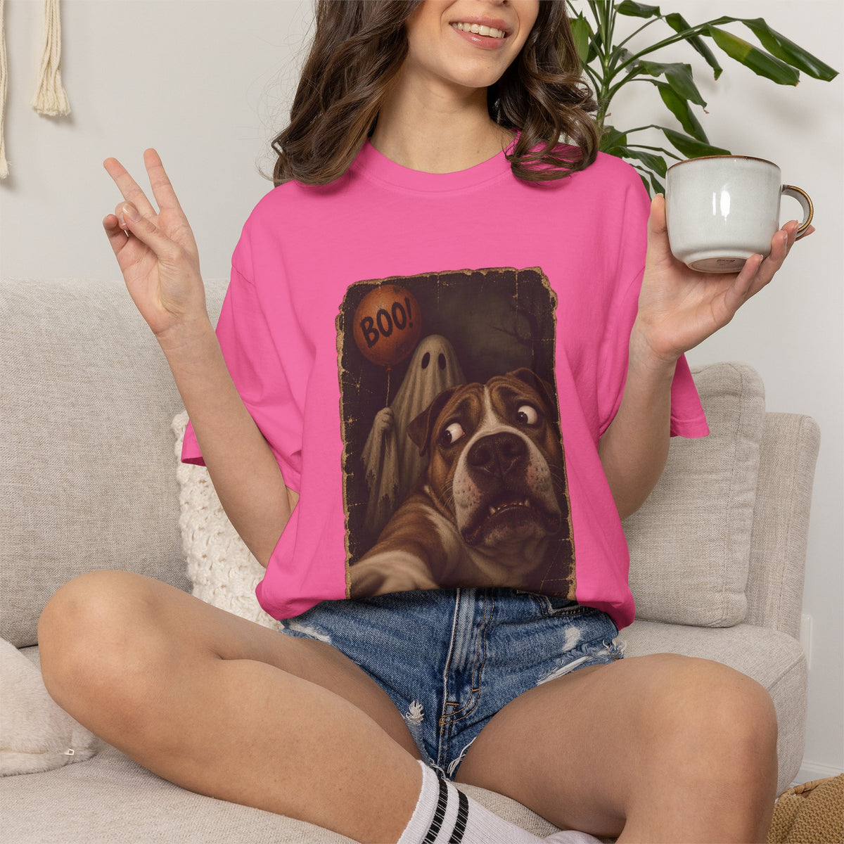 Comfort Colors® Boo Ghost Dog T-Shirt, Funny Halloween Bulldog Lover Gift, Scared Dog Spooky Season Gift, Vintage Pet Selfie Graphic Tee
