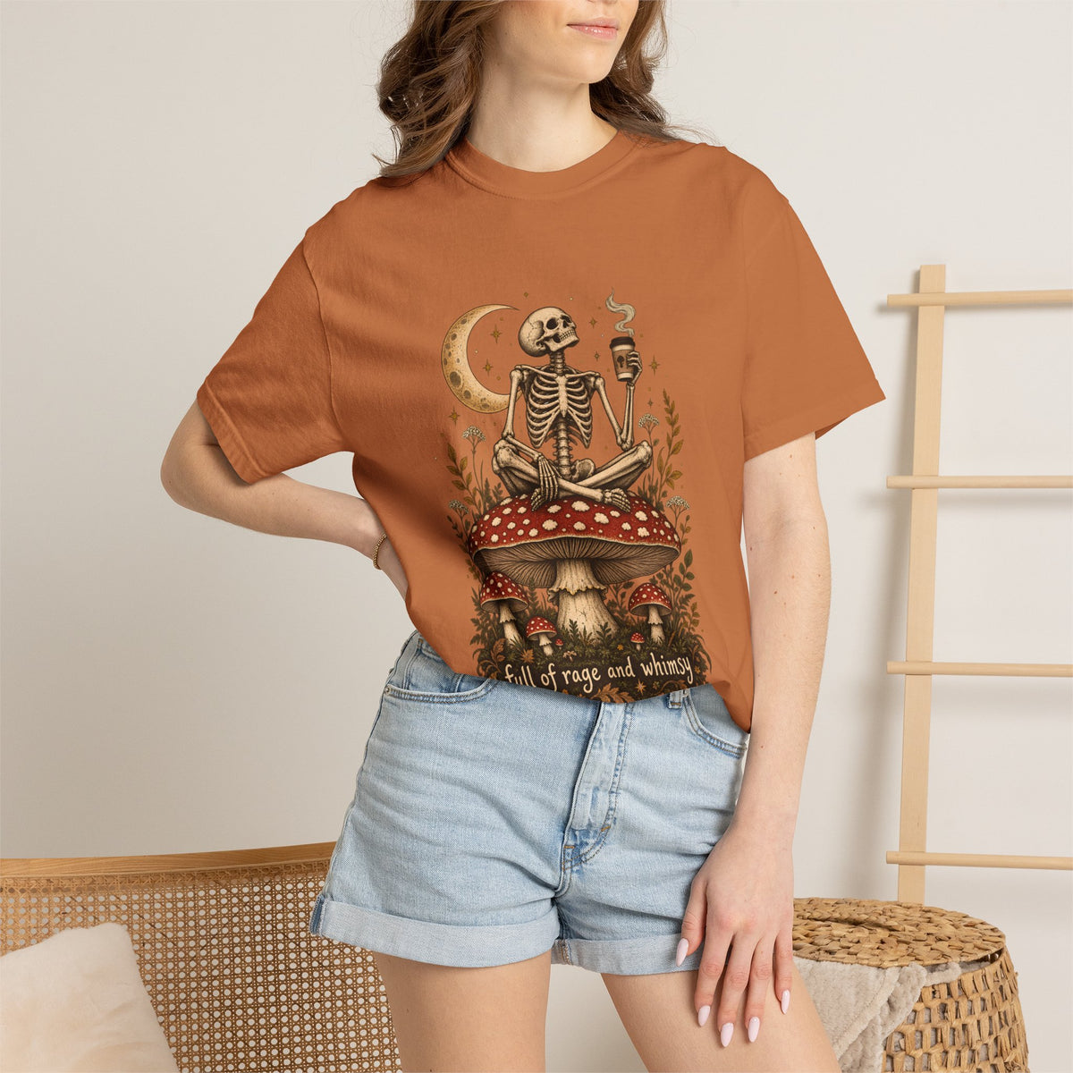 Comfort Colors® Full of Rage and Whimsy T-Shirt, Funny Skeleton Coffee Lover Gift, Cottagecore Mushroom Gothic Shirt, Dark Academia Shirt
