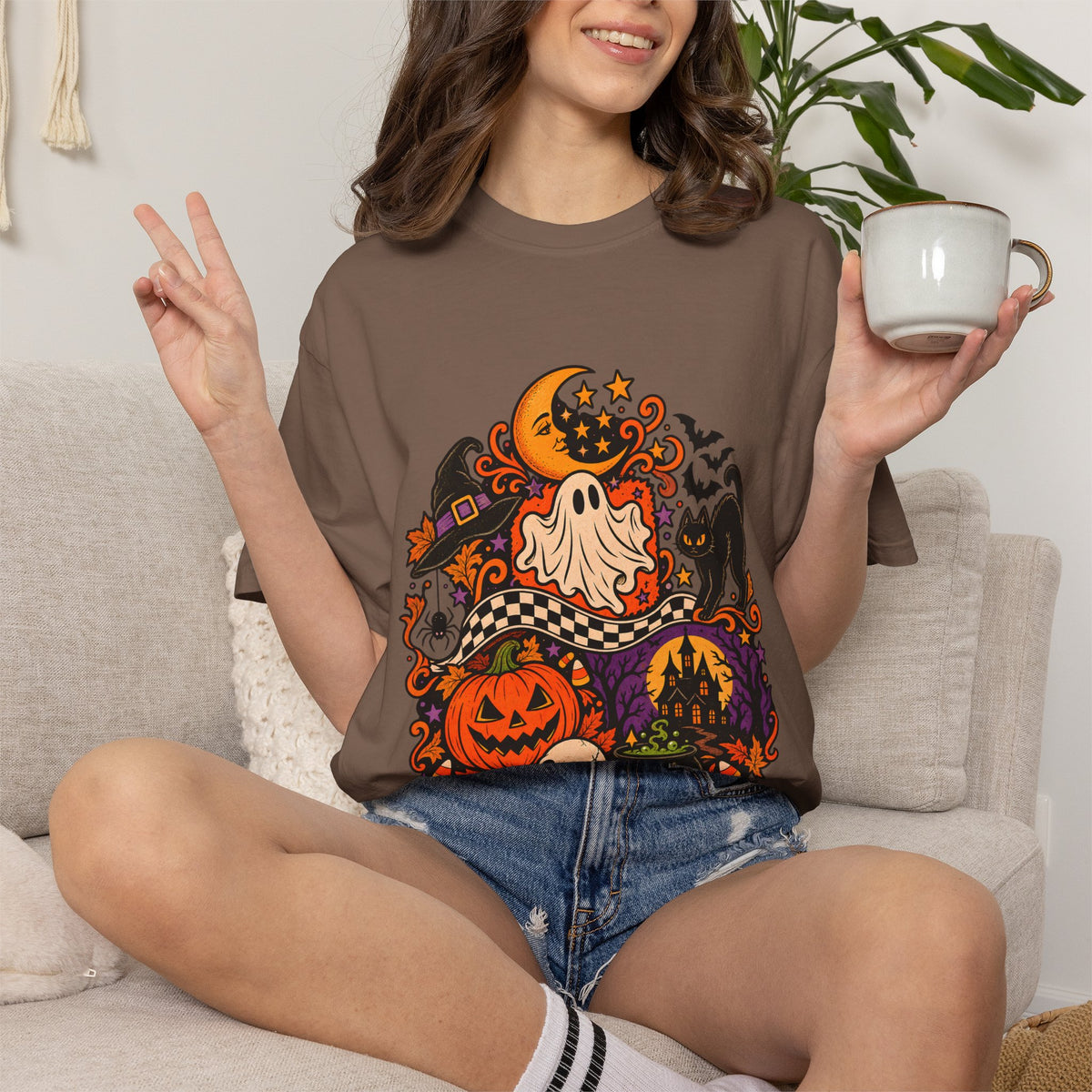 Comfort Colors® Vintage Halloween Shirt, Black Cat Skull Graphic Tee, Spooky Season Sweatshirt, Retro Halloween Season Gift