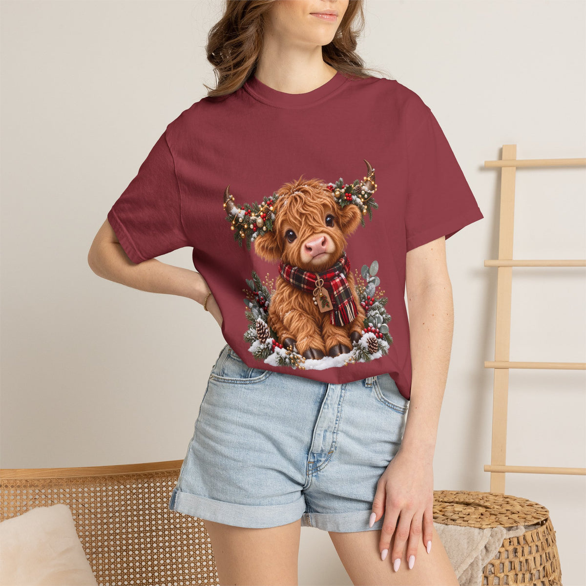 Comfort Colors® Cute Highland Cow Christmas T-Shirt, Festive Cow Lover Gift, Winter Farm Lover Gift, Christmas Farm Animal Gift