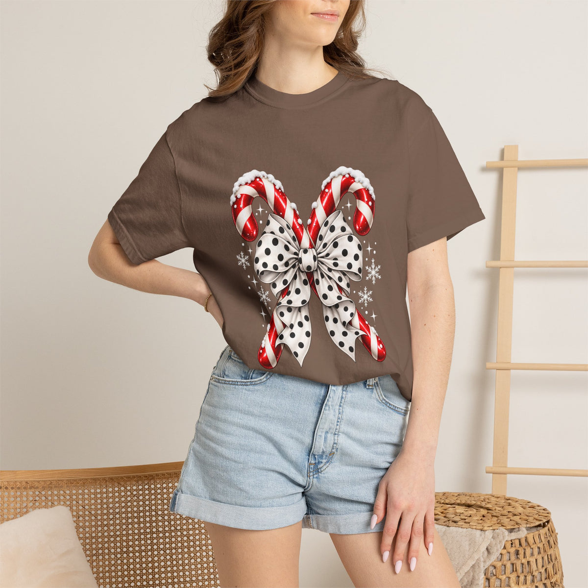 Comfort Colors® Candy Cane Bow T-Shirt, Coquette Christmas Lover Gift, Candy Cane Coquette Shirt, Cute Festive Candy Cane Gift for Her