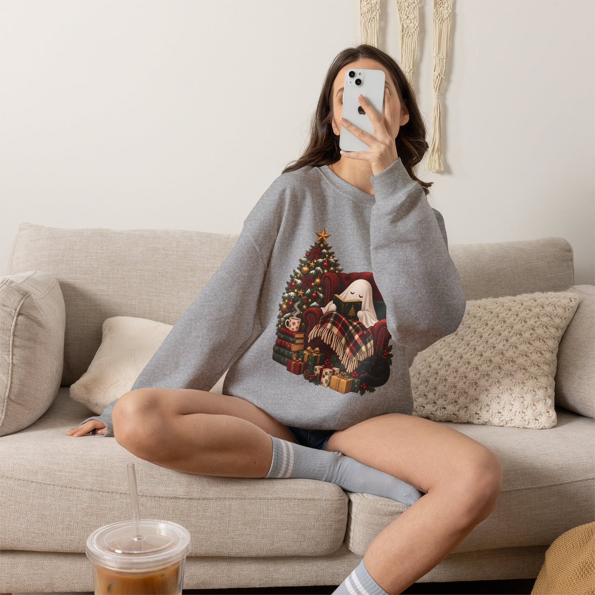 Cozy Christmas Ghost Sweatshirt, Book Lover Holiday Gift, Spooky Christmas Reading Graphic Sweatshirt, Cute Ghostmas Bookish Gift