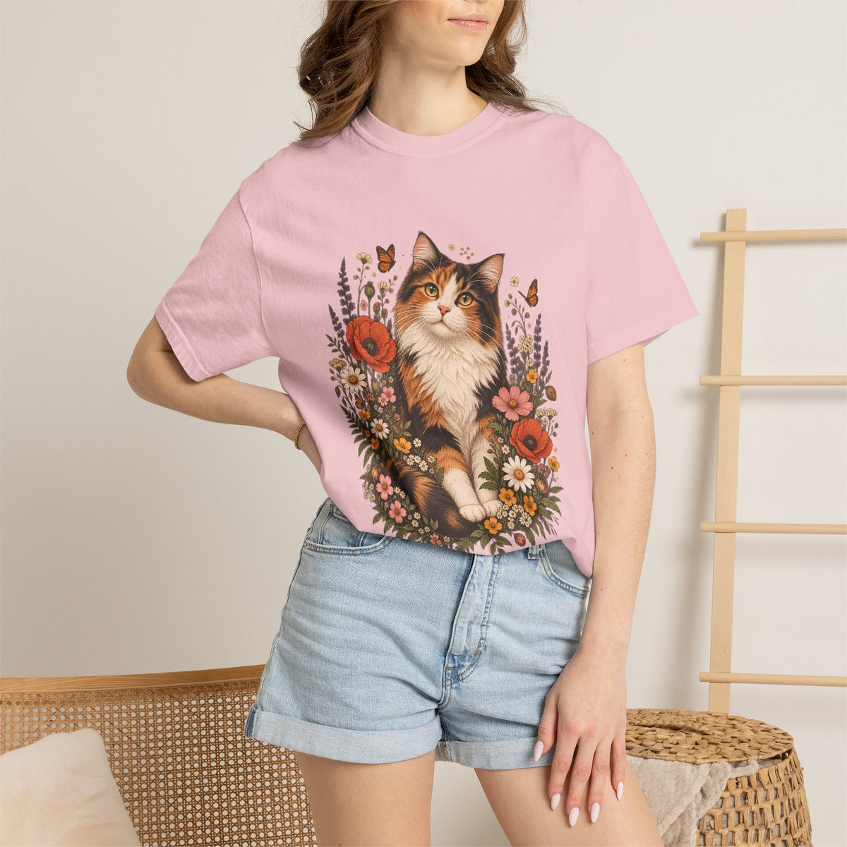 Comfort Colors® Calico Cat Wildflower T-Shirt, Floral Cat Lover Gift, Cottagecore Kitty Butterfly Graphic Tee, Vintage Garden Cat Mom Shirt